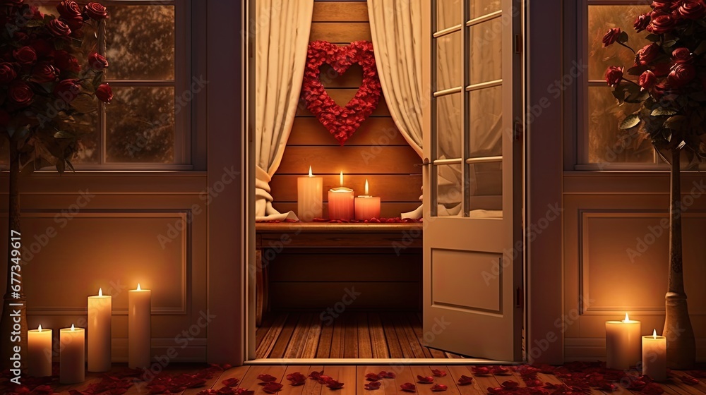 Poster a couple of candles that are in front of a window with a heart shaped wreath on the window sill.