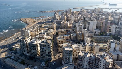 Aerial of the coastal cityscape of Tripoli, the largest city in northern Lebanon