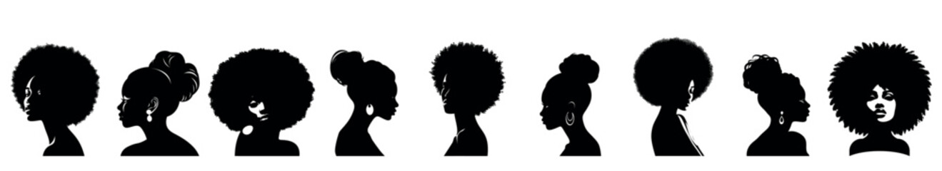 The silhouette of a black woman from Afro, a minimalist drawing, a vector set on a transparent background for a stencil

