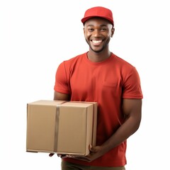 Smiling Afro-American Delivery Man Isolated on White Background. Generative ai