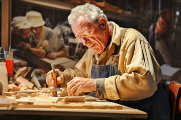 An elderly man in a workshop is engaged in wood carving.