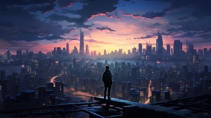 A rooftop view of a sprawling urban landscape at twilight, skyscrapers lit up, a mix of old and new buildings, a lone figure silhouetted against the city lights
