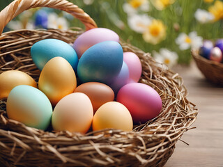 Fototapeta na wymiar basket with easter eggs,Sweet colorful easter eggs background,Easter Egg Cage