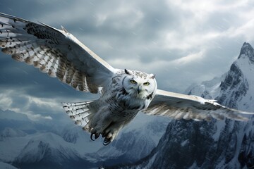Close-up of a snow owl in flight against a backdrop of jagged mountains
