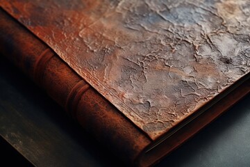 Close-up of a soft, worn leather book cover with natural patina - obrazy, fototapety, plakaty