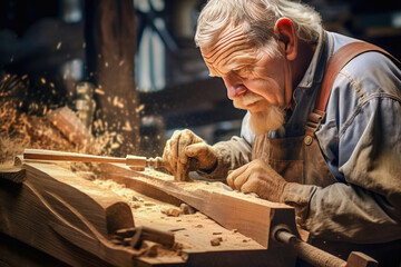 The pensioner is engaged in his favorite hobby, wood carving.