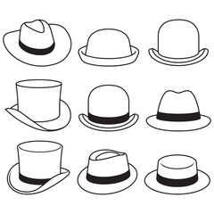 Hat line art vector icon set design, hat, vector, icon, fashion, set, cap, illustration, black, cowboy, design, clothes, collection, hats, style, vintage, head, gentleman, accessory, silhouette