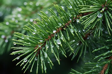 Naklejka na ściany i meble Close-up of droplets clinging to pine needles after a rainstorm