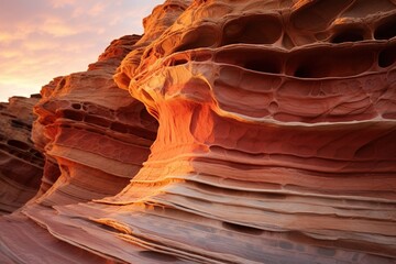 Close-up of eroded sandstone layers with vibrant sunset lighting