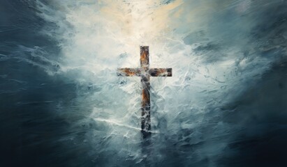 Spiritual Significance: Illuminated Wooden Cross in Desolate Landscape