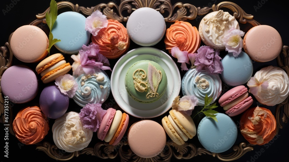 Poster a plate topped with lots of different types of macaroni and cheese covered in frosting next to macar