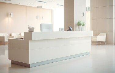 white reception desk in a clinic with light colorful walls soft light for healthcare medical card design - obrazy, fototapety, plakaty