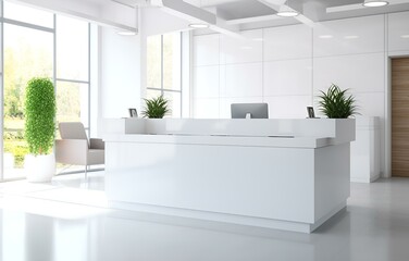 white reception desk in a clinic with light colorful walls soft light for healthcare medical card design - obrazy, fototapety, plakaty
