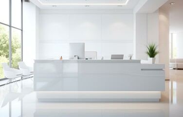 white reception desk in a clinic with light colorful walls soft light for healthcare medical card design