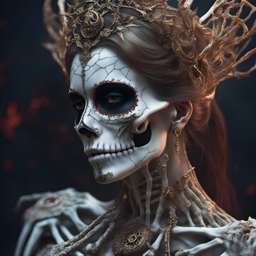 A beautiful skeleton woman dressed in a queens attire - queen of the damned