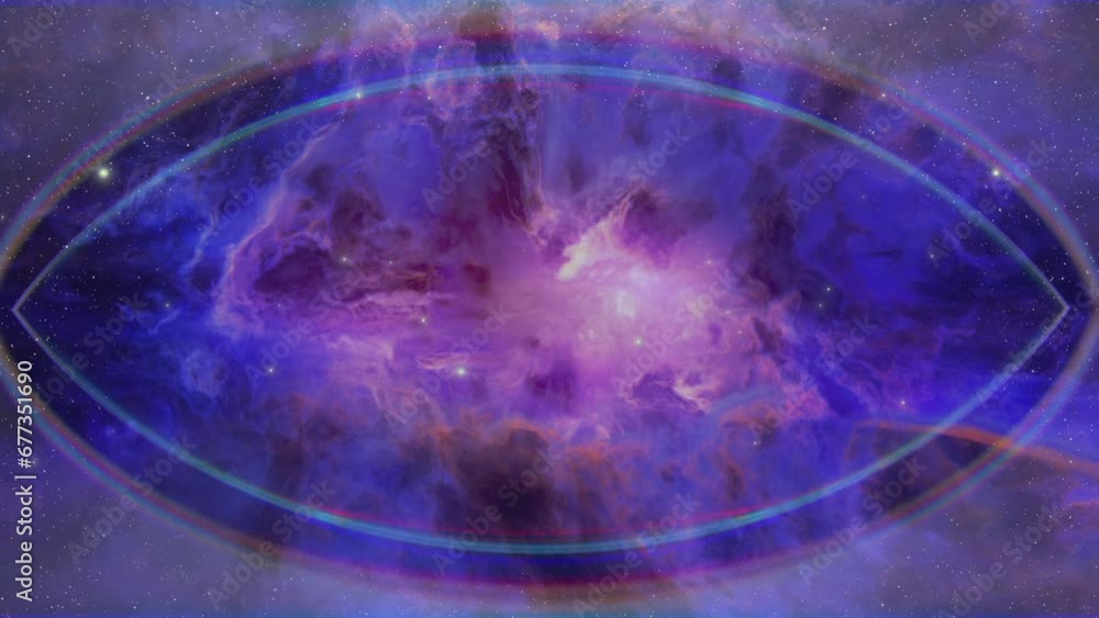 Wall mural looping animation of flying through glowing nebulae clouds and stars field. seamless loop galaxy exp
