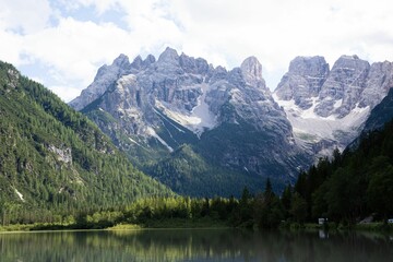 Fototapeta na wymiar Landscape with lake in mountains in Dolomites, Italy