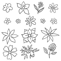 Doodle flowers set. Hand drawn cute thin line floral ink elements collection isolated on white. Floral heads, petals, chamomile, daisy icons. - 677351859