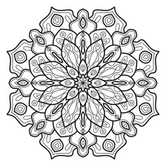 Black outline flower mandala. Doodle round decorative element for coloring book isolated on white background. Floral geometric circle. - 677351866