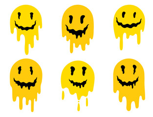 Melting or dripping smiles in flat stile. Set of psychedelic  Melted smile faces in trippy acid rave style isolated on white background. Set of hand drawn icons. - 677351868