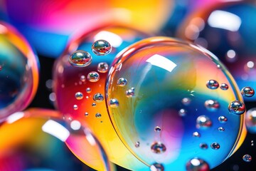 Close-up of soap bubbles, reflecting a spectrum of colors