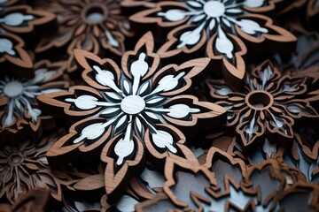 Close-up of snowflakes on dark wood