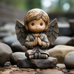 little angel figurine sitting meditating on a stone, generative ai