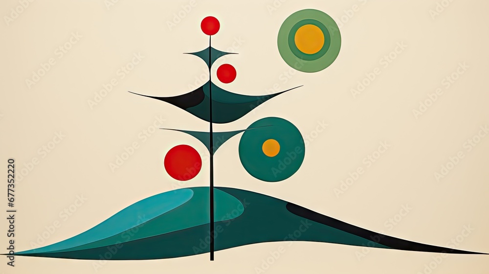Poster a painting of a tree on top of a hill with circles in the middle of the image and a star in the midd