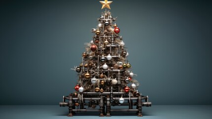  a christmas tree made of metal pipes with a star on top of one of the pipes is filled with ornaments.