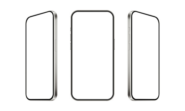 Modern Silver Smartphones Mockups With Blank Screens, Isolated On White Background. Vector Illustration