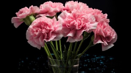 Pink carnations on a black background. Shallow depth of field. Tagetes erecta, Marigold. Springtime concept with a space for a text. Valentine day concept with a copy space.