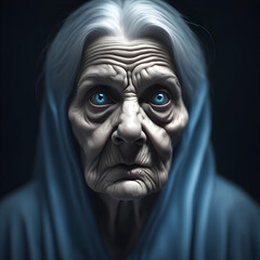 Menacing creepy old ghost lady with blue eyes closeup
