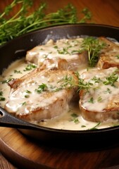 Grilled pork chops with mushrooms and cream sauce