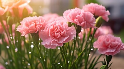 Beautiful pink carnation flowers with water drops in the garden. Marigold. Springtime concept with a space for a text. Valentine day concept with a copy space.