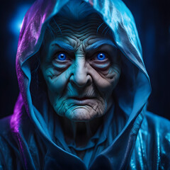 Menacing creepy old ghost lady with blue eyes closeup