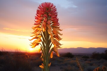 Century plant's towering bloom stalk at sunset