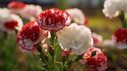 Red and white carnation flowers blooming in the garden on sunny day. Marigold. Springtime concept with a space for a text. Valentine day concept with a copy space.