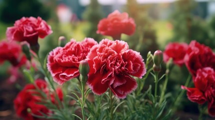 Beautiful red carnation flower blooming in the garden. Marigold. Springtime concept with a space for a text. Valentine day concept with a copy space.