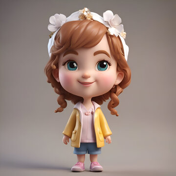 3D illustration of a cute little girl with a yellow jacket and a white bow on her head