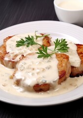 Grilled pork chops with mushrooms and cream sauce