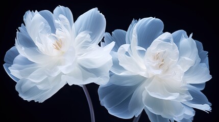  a couple of white flowers sitting on top of a blue tablecloth on top of a black table with a black background.