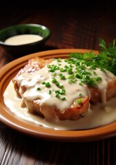 Grilled pork chops with mushrooms and cream sauce