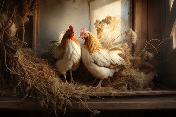 Chickens roosting on a wooden perch inside a barn - Powered by Adobe