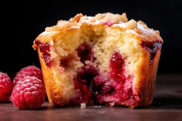 Crumbly raspberry muffin with visible berries inside