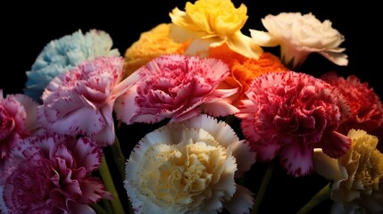 Bouquet of colorful carnation flowers isolated on black. Tagetes erecta, Marigold. Springtime concept with a space for a text. Valentine day concept with a copy space.