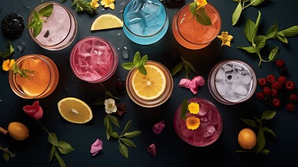  a group of glasses filled with different types of drinks and garnished with lemons, raspberries, raspberries, and flowers.
