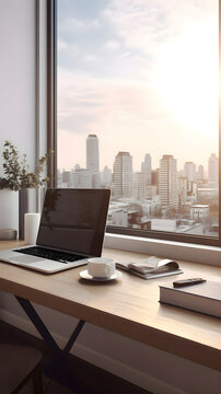 Laptop and coffee cup on wooden table in modern office with city view. 3D Rendering