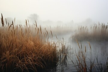 Cattails swaying at the edge of a foggy marshland