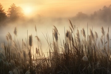 Fototapeta premium Cattails swaying at the edge of a foggy marshland