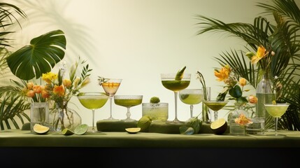  a table topped with lots of glasses filled with different types of drinks and garnished with flowers and greenery.